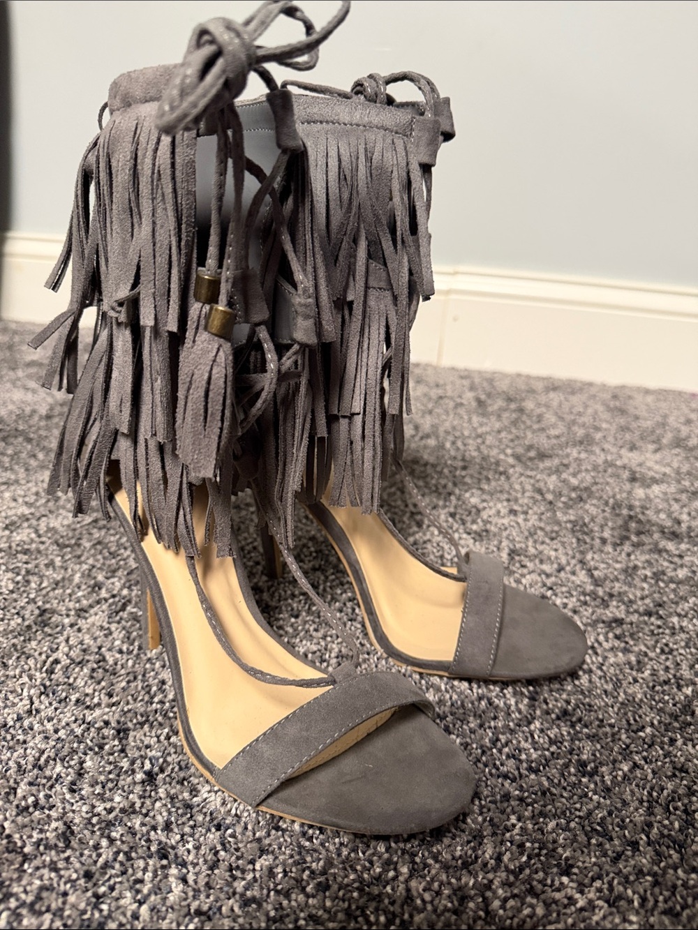 Charlotte Russe Gray Fringe Suede Ankle-Wrap Heels
